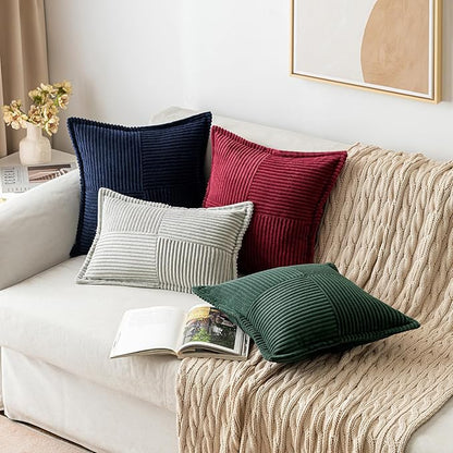 MIULEE Decorative Throw Pillow Covers for Couch Bed Livingroom 18x18 Inch Set of 2 Dark Green Boho Accent Throw Pllows Broadside Striped Patchwork Soft Corduroy Pillowcases