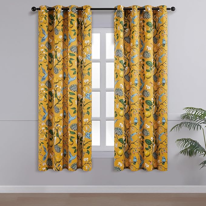Topfinel 48 Inches Long Short Mustard Yellow Blackout Curtains for Cafe Kitchen, Grommet Room Darkening Luxury Floral Lemon Hummingbird Patterned Waverly Colorful Drapes for Living Room Bedroom