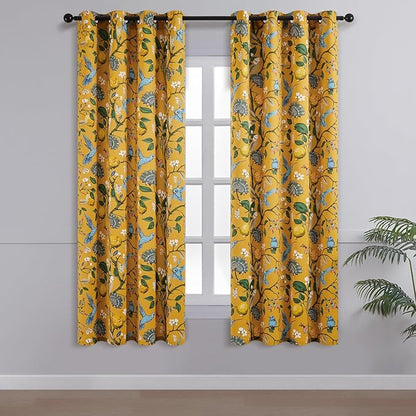Topfinel 48 Inches Long Short Mustard Yellow Blackout Curtains for Cafe Kitchen, Grommet Room Darkening Luxury Floral Lemon Hummingbird Patterned Waverly Colorful Drapes for Living Room Bedroom