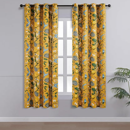 Topfinel 60 Inches Long Custom Mustard Yellow Luxury Curtains for Living Room Bedroom, Blackout Vintage Victorian Curtains Floral Lemon Hummingbird Printed Grommet Drape 60 Inch Length
