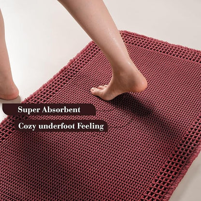RESARE Waffle Bath Mat for Bathroom, Super Absorbent Bathroom Rugs Non Slip Machine Washable, Ultra Soft Quick Dry Boho Bath Rugs with Tassels for Floor, Upgraded Bordered Design, 18"x30" Dark Red