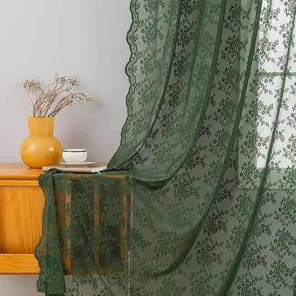 YJ YANJUN Vintage Lace Curtains-Victorian Floral Dark Green Boho 102 inch Long Curtains for Living Room Bedroom Custom 2 Panel Rod Pocket Retro Crochet Sheer Floor to Ceiling Drapes W52xL102 2 Panels