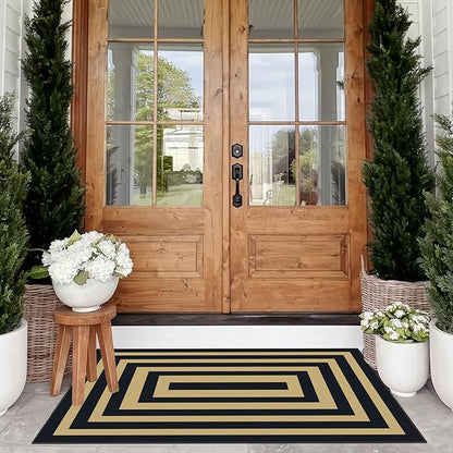 Modern Outdoor Rug - 28" x 43" Front Door Mat Indoor Outside Entrance Non-Slip Washable Outdoor Mat Black Tan Geometric Rug for Entryway Kitchen Bedroom Layered Doormat for Front Porch