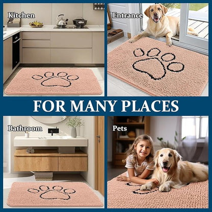 OLANLY Dog Door Mat for Muddy Paws 30x20, Paw Print Design, Absorbs Moisture and Dirt, Absorbent Non-Slip Washable Doormat, Quick Dry Chenille Mud Mat for Dogs, Entry Indoor Entryway Carpet, Peach