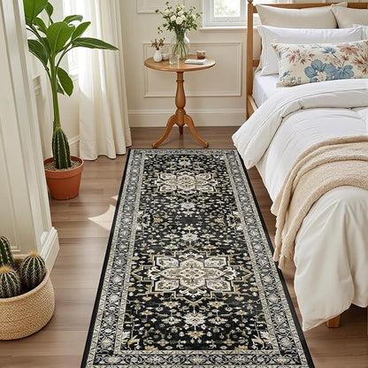 Hallway Runner Rug Non Slip - Washable 2.6x8 Kitchen Rugs for Living Room, Low-Pile Soft Bedroom Rug Indoor Floor Stain Resistant Carpets for Entryway, Laundry, Bathroom Black Gold