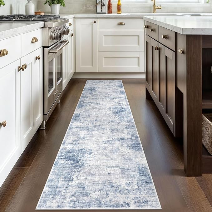 IOHOUZE Abstract Runner Rug 2x8 Ft Washable Runners for Hallways, Non Slip Kitchen Runner Printed Faux Wool Entryway Runner Indoor, Modern Floor Carpet for Hall Kitchen Bedroom, Light Blue Grey