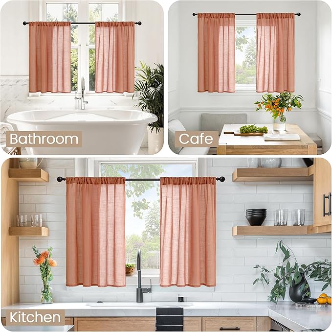 BGment Rust Terracotta Linen Kitchen Window Curtains 40 Inch Length, Short Burnt Orange Drapes Semi Sheer for Cafe Over Sink Bathroom Decor with Rod Pocket Lightweight, 2 Panels Set, Each 42 Inch Wide