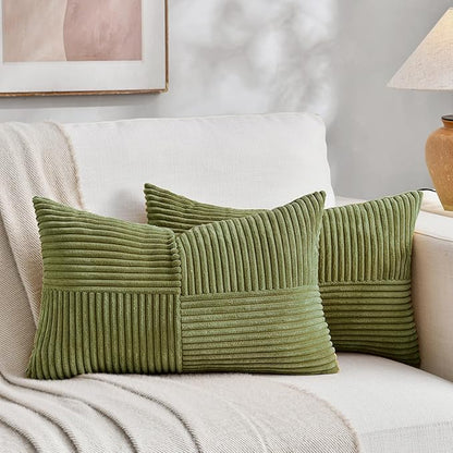 Fancy Homi 2 Packs Moss Green Lumbar Decorative Throw Pillow Covers 16x28 Inch for Living Room Couch Bed, Rustic Farmhouse Boho Home Decor, Soft Striped Corduroy Rectangle Accent Cushion Case 40x70 cm