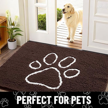 Smiry Dog Door Mat for Muddy Paws, Absorbent Dirt Trapper Non Slip Quick Dry Washable Chenille Mat for Mud Dogs, Entry Rug for Indoor and Outdoor (71x46 Inches, Brown and White)
