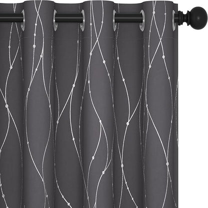 Deconovo Short Curtains Grey, Blackout Kitchen Curtain, Thermal Insulated Soundproof Drapes, Wave Dots Foil Print, 52 x 54 Inches, 2 Panels, Machine‑Washable Privacy Window Panel for Small Windows