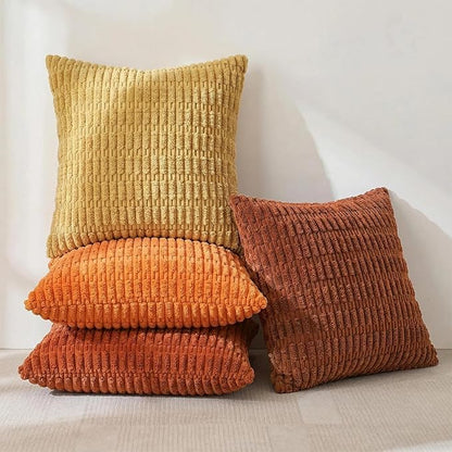 Fancy Homi Set of 4 Burnt Orange Fall Decorative Throw Pillow Covers 20x20 Inch for Couch Bed Chair, Modern Farmhouse Boho Room Decor, Soft Fuzzy Corduroy Textured Striped Cushion Case 50cm