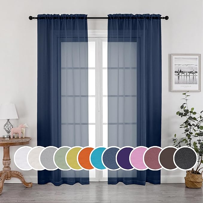 OWENIE Navy Blue Sheer Curtains 90 Inches Long, Solid Light Filtering Sheer Curtains for Bedroom, Window Voile Sheer Curtain Panels/Drapes/Treatment for Living Room, 2Pcs, Each 42" W x 90" L Inch