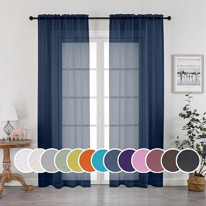 OWENIE Navy Blue Sheer Curtains 90 Inches Long, Solid Light Filtering Sheer Curtains for Bedroom, Window Voile Sheer Curtain Panels/Drapes/Treatment for Living Room, 2Pcs, Each 42" W x 90" L Inch