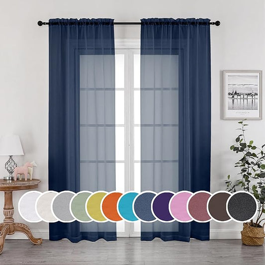 OWENIE Navy Blue Sheer Curtains 90 Inches Long, Solid Light Filtering Sheer Curtains for Bedroom, Window Voile Sheer Curtain Panels/Drapes/Treatment for Living Room, 2Pcs, Each 42" W x 90" L Inch
