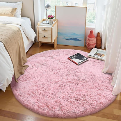 OLANLY Pink Round Rugs for Bedroom - Machine Washable, 7 ft Circle Area Rugs for Living Room, Soft and Fluffy Shaggy Carpet for Teen Girls and Boys, Nursery Rooms, Dorms, Home Decor Aesthetic