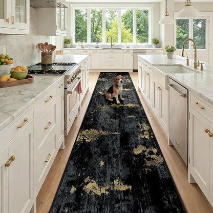 Washable Area Rugs 2'6'' x12 Non-Slip Modern Abstract Soft for Living Room Entryway Bedroom Nursery, Print Pattern, Dark Black Gold