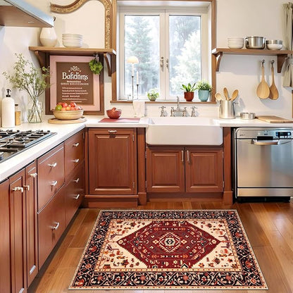 SERISSA Boho Rugs for Entryway, 2x3 Washable Non-Slip Entryway Rug Small Area Rug, Ultra Soft Oriental Vintage Red Black Low-Pile Indoor Door Mat Floor Carpet for Entrance Bedroom Kitchen Bathroom