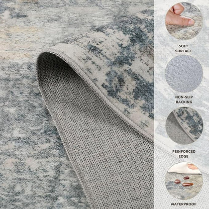 10ft Round Area Rug Living Room Rugs - 10x10 Washable Large Neutral Modern Abstract Soft Thin Rug Indoor Floor No Slip Rug Carpet for Bedroom Under Dining Table Home Office Decor - Blue Grey