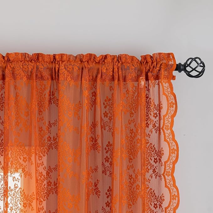 YJ YANJUN Vintage Lace Curtains 108 Inches Long- Burnt Orange Floral Sheer Curtain Panels for Living Room Dining Room Sliding Glass Door Boho Autumn Fall Decor 2 Panels 52W x 108L Light Brown Red