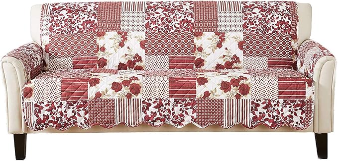 Great Bay Home Reversible Patchwork Sofa Cover - Washable Slipcover Furniture Protector with Elastic Straps - Perfect for Kids & Pets - Box-Stitched Detail (Burgundy)