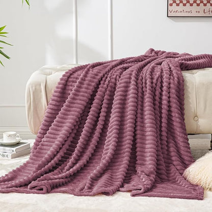BEDELITE Fleece Blanket Twin Size – 3D Ribbed Jacquard Soft and Warm Decorative Fuzzy Blankets – Cozy, Fluffy, Plush Lightweight Throw Blankets for Couch, Bed, Sofa(Plum, 60x80 inches)