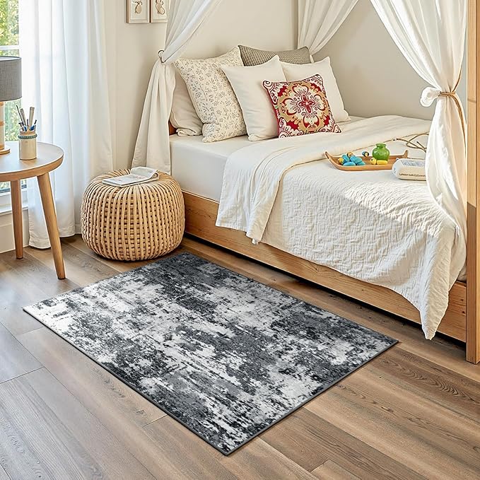 Washable Area Rugs 3'x5' Non-Slip Modern Abstract Soft for Living Room Entryway Bedroom Nursery, Print Pattern, Black Navy Blue Gray