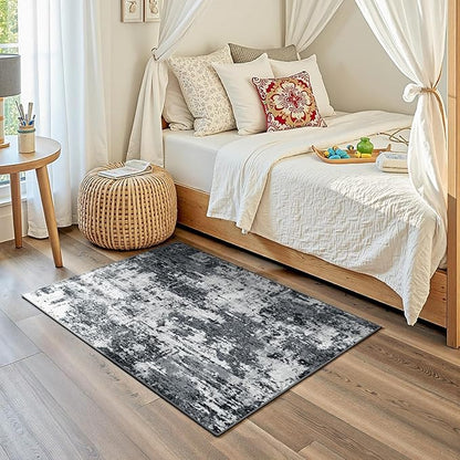 Washable Area Rugs 3'x5' Non-Slip Modern Abstract Soft for Living Room Entryway Bedroom Nursery, Print Pattern, Black Navy Blue Gray