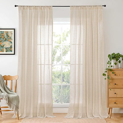 BGment Long Linen Curtains 102 Inch Length for Living Room Window, Semi Sheer Natural Textured Drapes for Bedroom Dining Farmhouse Decorative Rustic Rod Pocket Lightweight, 2 Panels, Each 52 Inch Wide