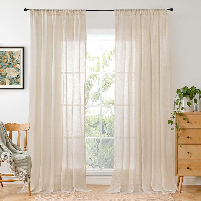 BGment Natural Tan Linen Curtains 80 Inches Long for Living Room - Light Filtering Window Drapes with Rod Pocket Semi Sheer for Farmhouse Bedroom Decor Rustic, 2 Panels, 52 Inch Wide Each Panel