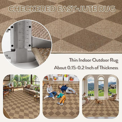 Lahome Colette Checkered Easy Jute Rug, 9x12 Washable Dining Room Rug Indoor Outdoor Carpet, Farmhouse Neutral Non Slip Non Shedding Stain Resistance Floor Carpet for Patio Living Room Office