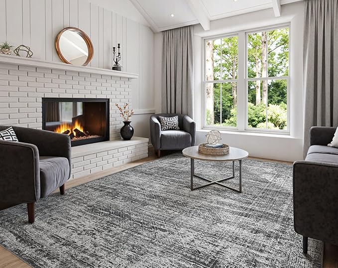 UERMEI 10x14 Area Rug Living Room Rugs - Washable Neutral Modern Abstract Soft Thin Rug Indoor Floor No Slip Rug Carpet for Bedroom Under Dining Table Home Office Decor - Dark Gray