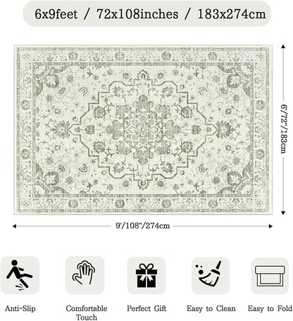 Madane 6x9 Area Rugs for Living Room, Vintage Stain Resistant Area Rug, Washable Floral Print Thin Floor Carpet with Non-Slip Backing for Bedroom Dining Room, Green/Ivory
