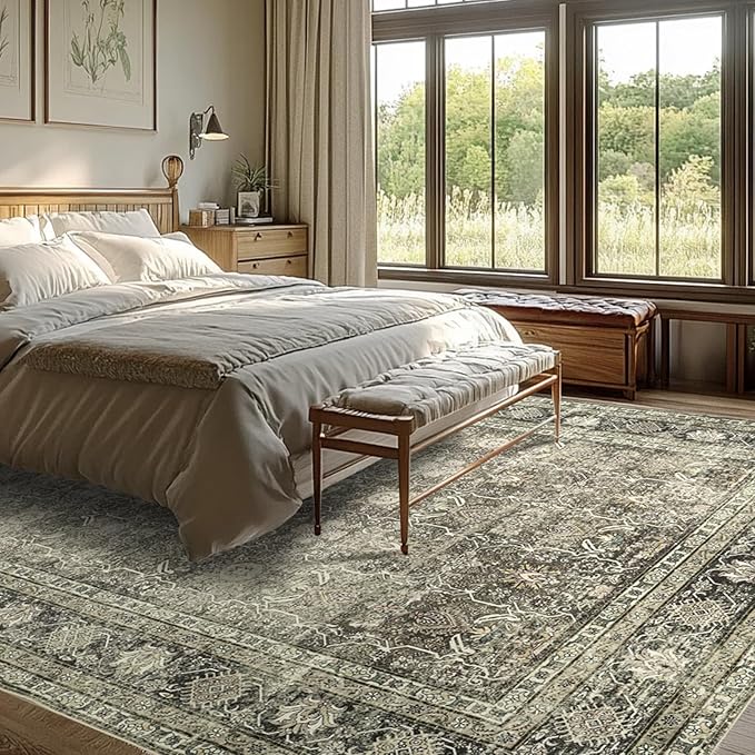 Washable Rugs 8x10 Area Rugs for Living Room- Vintage Rugs for Bedroom,Dining Room,Large Soft Low Pile Retro Carpet with Non Slip Rubber Backing,Neutral Accent Nursery Rug for Home Office Decor
