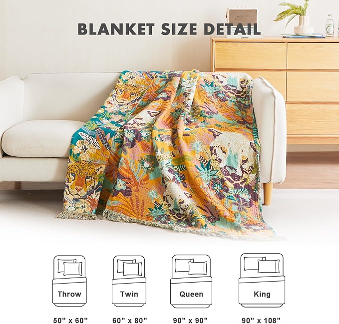 MSGKV Throw Blanket for Couch Cotton Leopard Animals Blanket 50"x60" Sofa Chair Blankets Muslin Spring Breathable All Seasons Lightweight Farmhouse Blankets Home Decor