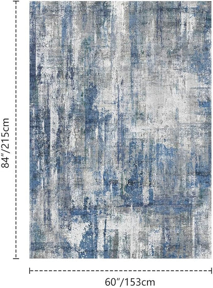 Latte&Fog 5x7 Area Rugs for Living Room Bedroom, Blue Modern Abstract Neutral Washable Rug, Boho Non Slip Low Pile Carpet for Dining Room,Dorm,Classroom,College Dorm and Farmhouse - Blue Grey