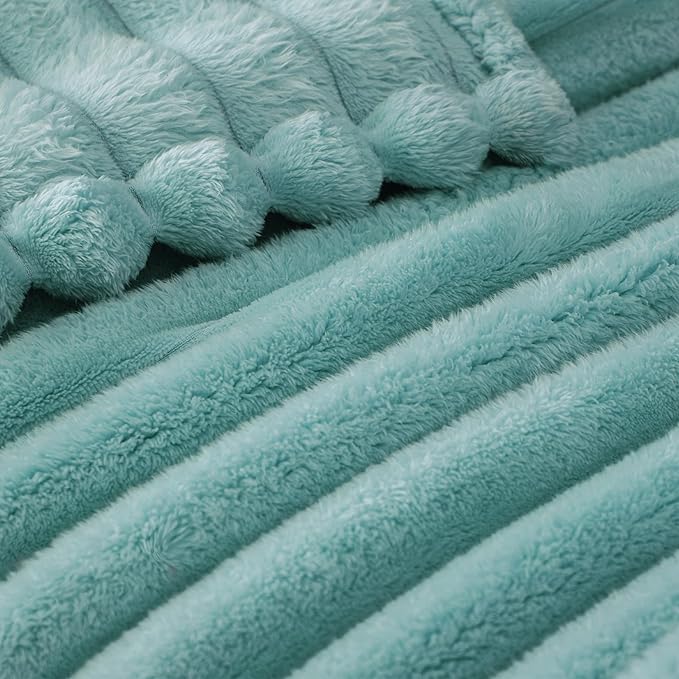 Exclusivo Mezcla King Size Flannel Fleece Blanket, Super Soft Striped Jacquard Bed Blanket, Lightweight Fuzzy Cozy for All Seasons, 90x104 Inches, Celadon