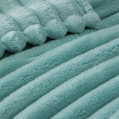 Exclusivo Mezcla King Size Flannel Fleece Blanket, Super Soft Striped Jacquard Bed Blanket, Lightweight Fuzzy Cozy for All Seasons, 90x104 Inches, Celadon
