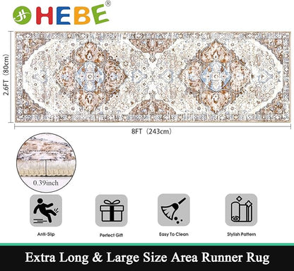 HEBE Hallway Runner Rug 2'8''x8' Washable Vintage Distressed Area Rugs Non Slip Laundry Rug Runner Boho Floor Carpet Runners for Hallways Entryway Laundry Room Kitchen Bathroom