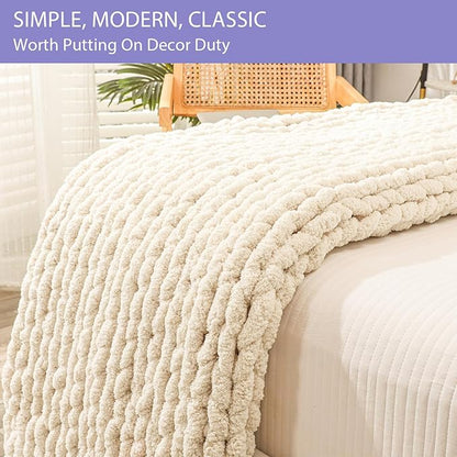 Bigacogo Chunky Knit Throw Blanket for Couch, 40x80 inches, 100% Hand Knitted with Thick Jumbo Chenille Yarn, Cozy Soft Large Rope Knot Cable Crochet Blankets for Sofa Bed Living Room, Beige