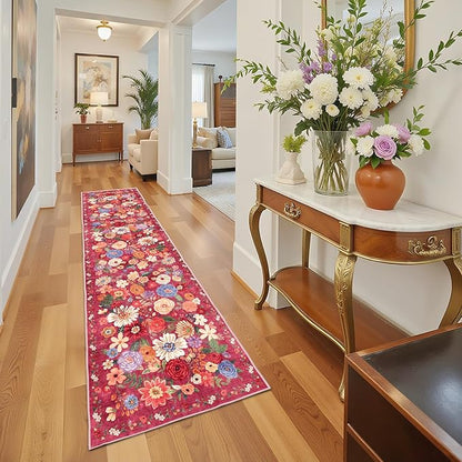 Rug for Hallways Kitchen Rug 2'6" x 14', Non Slip Washable Rugs with Rubber Backing Soft Floral Carpet Runner for Hallways, Kitchen, Laundry, Bedroom, Bathroom(2.6 x 14, Red Garden)
