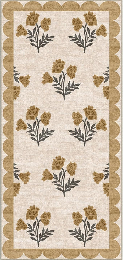 Front Door Mat Indoor Entrance - 2x4.3 Ft Floral Washable Layered Doormat Outdoor Entrance Spring Porch Rug Non-Slip Beige Boho Runner Rug for Kitchen Hallway Bedroom Laundry Room Porch Decor