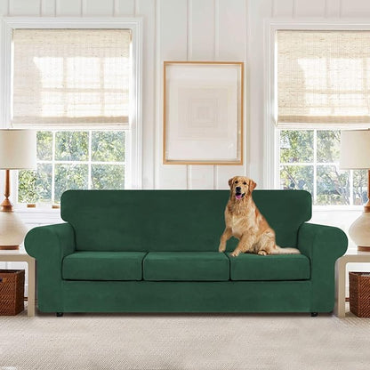 WEERRW 4 Pieces Velvet High Stretch Couch Covers for 3 Cushion Couch Sofa Slipcovers, Washable Furniture Protector with Non Slip Elastic Bottom, Feature Soft Plush Fabric, Emerald Green, Large
