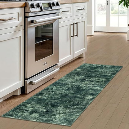 IOHOUZE Abstract Runner Rug 2x6 Ft Washable Runners for Hallways, Non Slip Kitchen Runner Printed Faux Wool Entryway Runner Indoor, Modern Abstract Floor Carpet for Hall Kitchen Bedroom, Dark Green