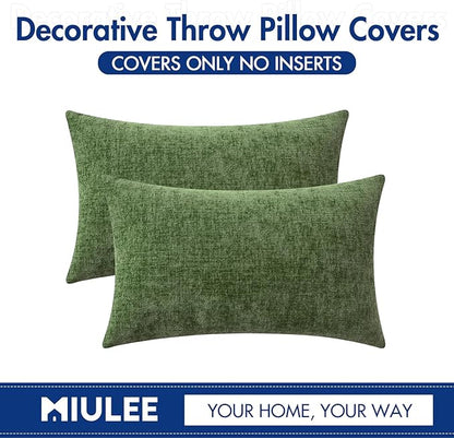 MIULEE Pack of 2 Couch Throw Pillow Covers 12x20Inch Soft Moss Green Spring Chenille Lumbar Pillow Covers for Sofa Living Room Solid Dyed Cases