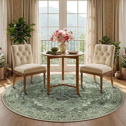 RELEANY Area Rugs 5ft Washable Non-Slip, Floral Vintage Distress Print Pattern Medallion Carpet for Living Room Bedroom Dining Room, Dark Green Gray
