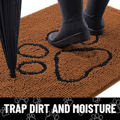 Smiry Dog Door Mat for Muddy Paws, Absorbent Dirt Trapper Non Slip Quick Dry Washable Chenille Mat for Mud Dogs, Entry Rug for Indoor and Outdoor (48x30 Inches, Ochre and Black)