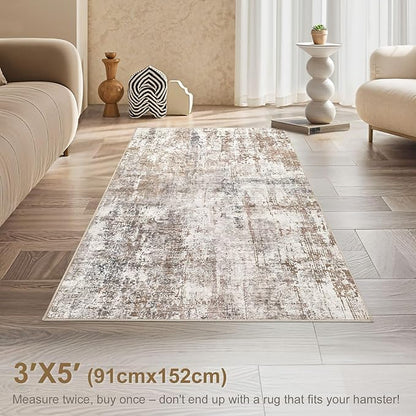 UERMEI 3x5 Area Rug Living Room Rugs - Washable Neutral Modern Abstract Soft Thin Rug Indoor Floor No Slip Rug Carpet for Bedroom Under Dining Table Home Office Decor - Brown/Grey/Red