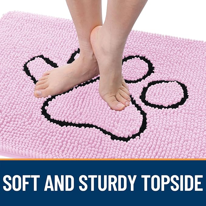 OLANLY Dog Door Mat for Muddy Paws 36x24, Paw Print Design, Absorbs Moisture and Dirt, Absorbent Non-Slip Washable Doormat, Quick Dry Chenille Mud Mat for Dogs, Entry Indoor Entryway Carpet, Pink