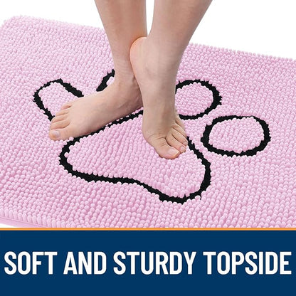 OLANLY Dog Door Mat for Muddy Paws 36x24, Paw Print Design, Absorbs Moisture and Dirt, Absorbent Non-Slip Washable Doormat, Quick Dry Chenille Mud Mat for Dogs, Entry Indoor Entryway Carpet, Pink