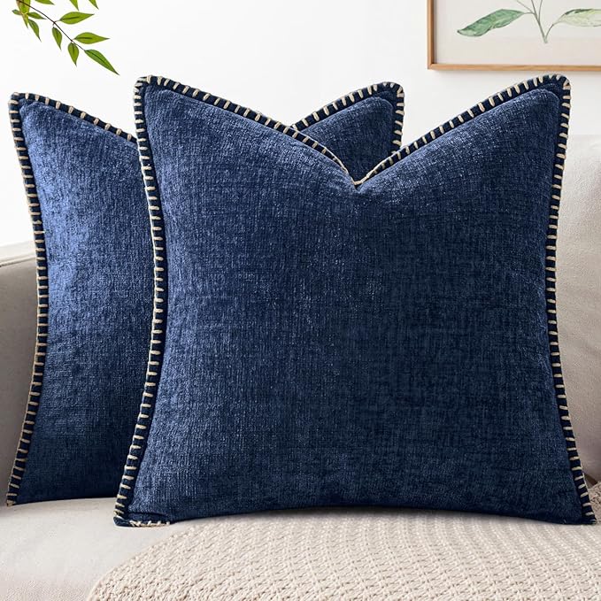 MIULEE Pack of 2 Couch Throw Pillow Covers 18x18 Inch Navy Farmhouse Decorative Pillow Covers with Stitched Edge Soft Chenille Solid Dyed Spring Pillow Covers for Sofa Bed Living Room